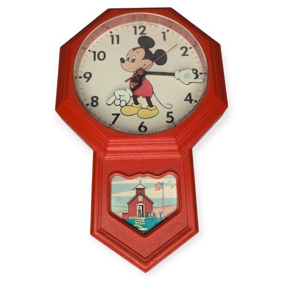 Vintage 70s Mickey Mouse School House Electric Red Wall Clock Welby by Elgin - Picture 1 of 10